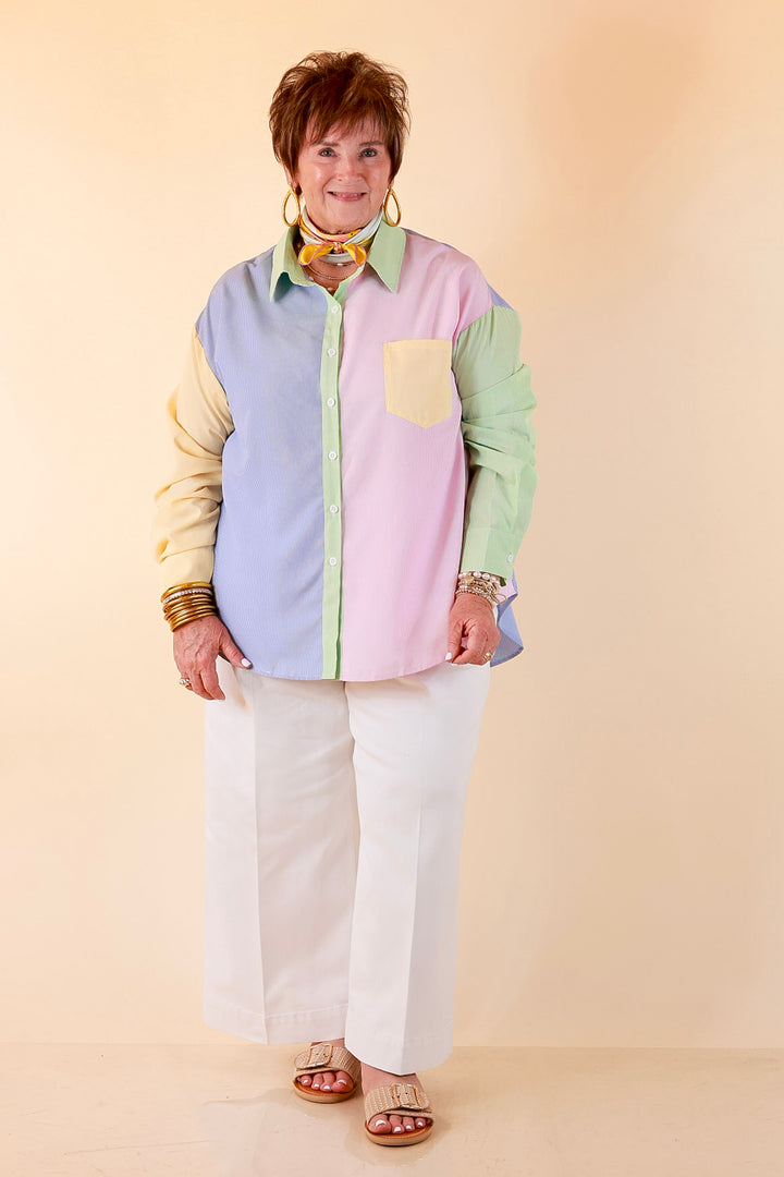 GUG Original | Sweet Harmony Long Sleeve Button Down Color Block Pinstripe Shirt in Bright Mix