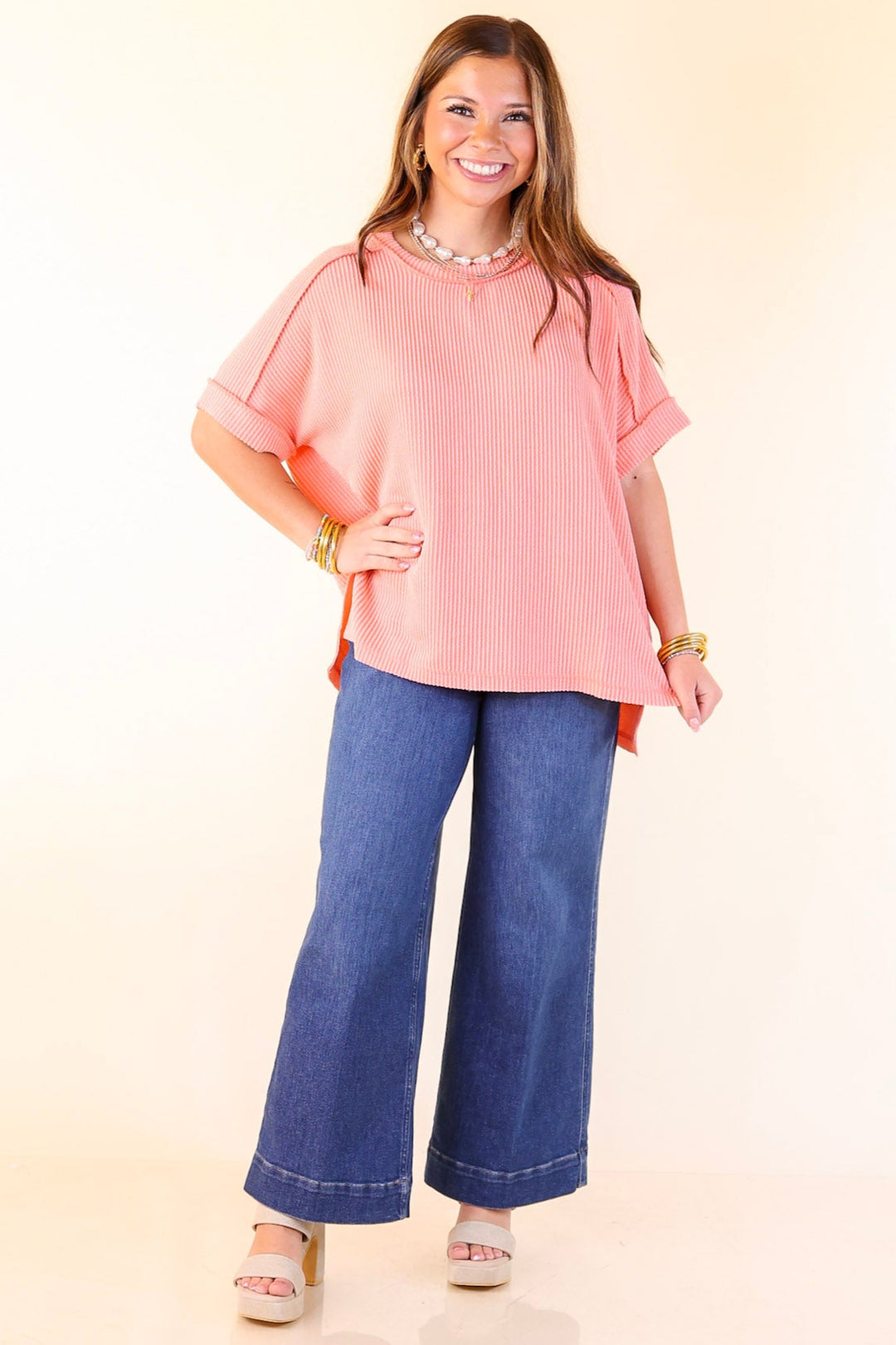 Daily Perfection Scoop Neck Short Sleeve Ribbed Top in Salmon Orange