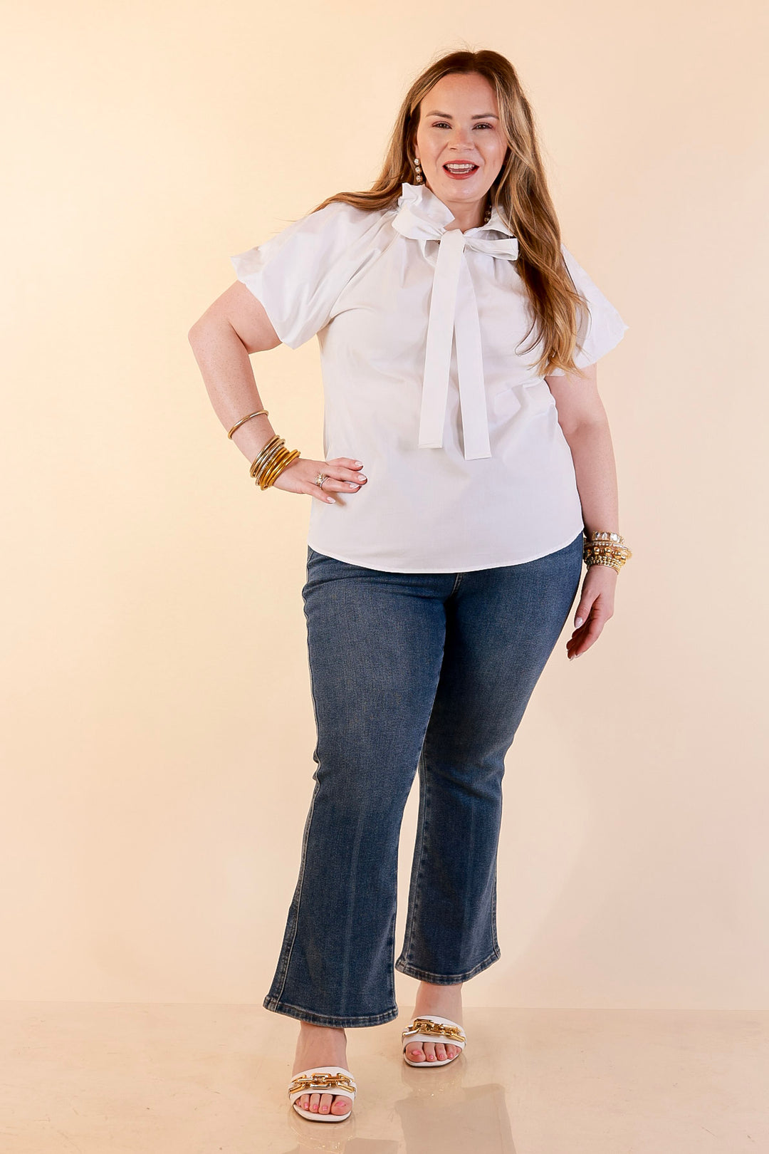 Make It Memorable Short Puff Sleeve Tie Neck Blouse with Gathered Neckline in White