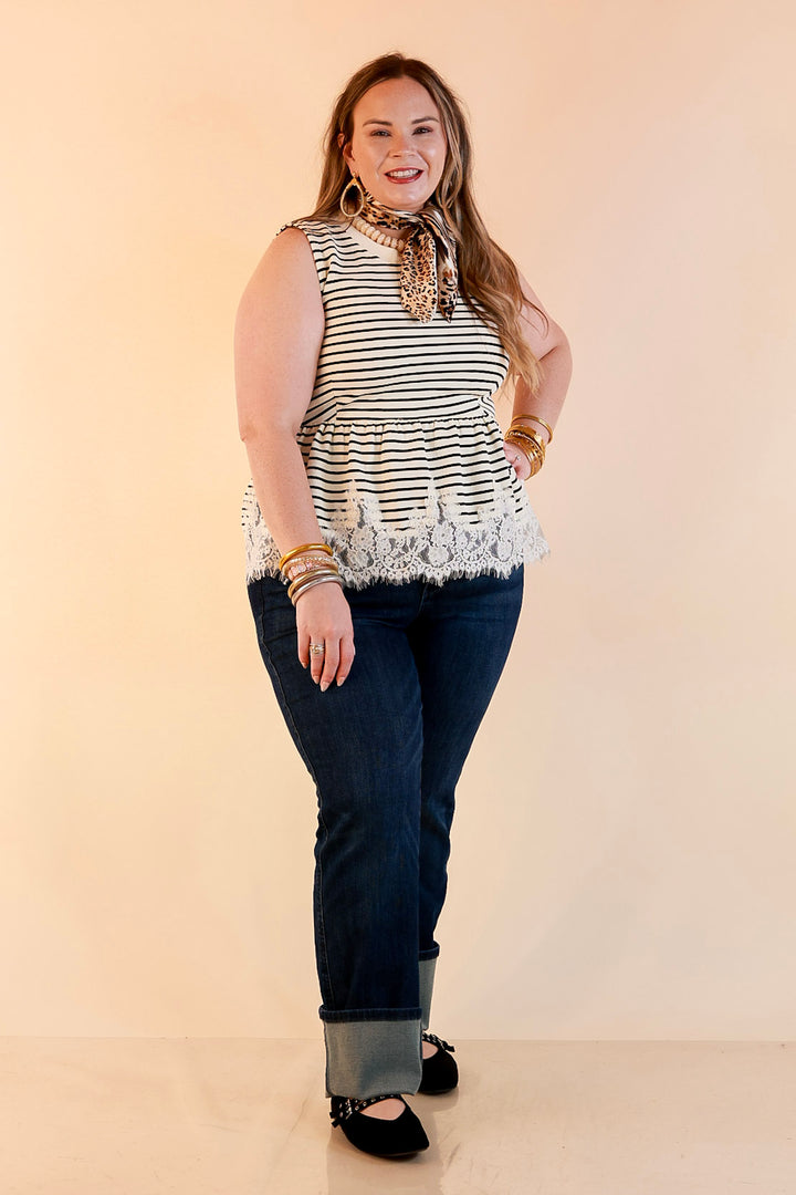 Sweet on Style Striped Peplum Sleeveless Tank Top with Lace Trim Detailing in Ivory and Black