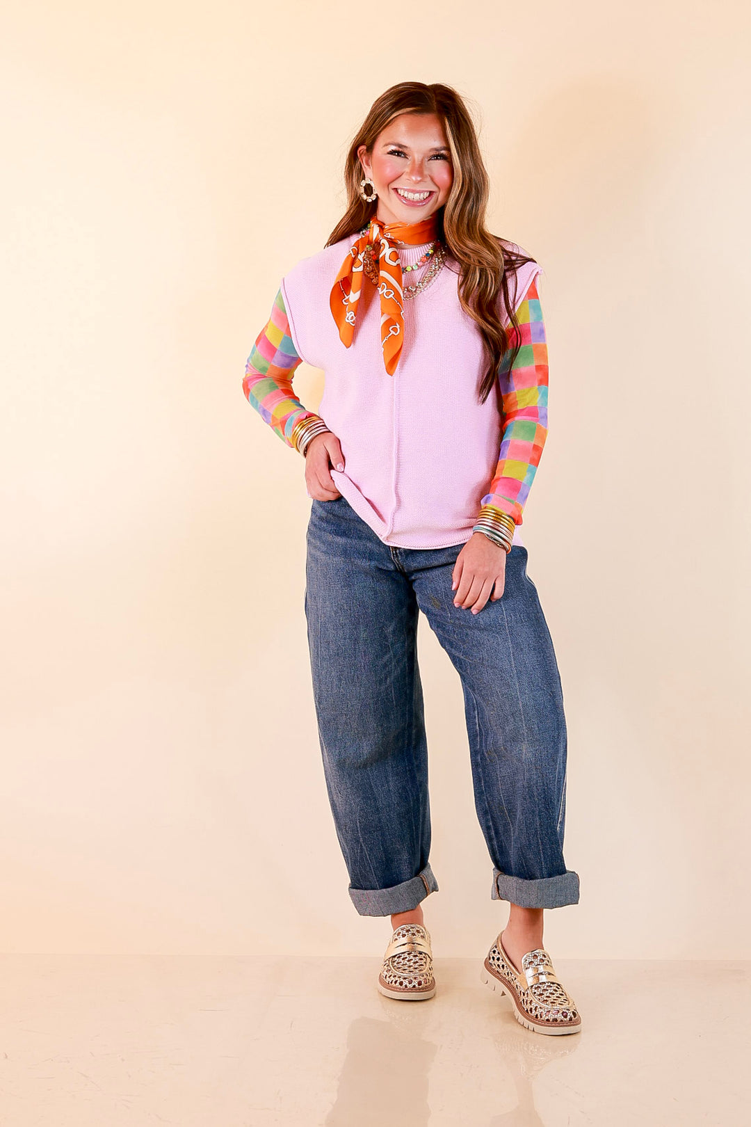 Always a Favorite Crew Neck Front Seam Sweater Knit Top in Baby Pink