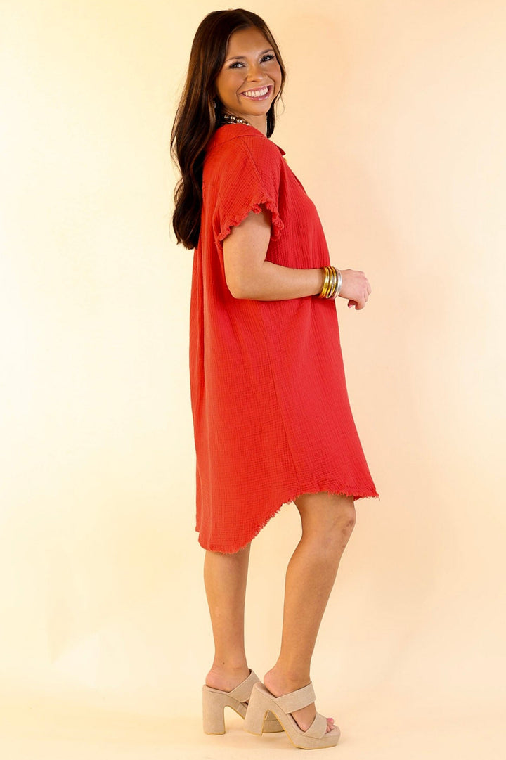 Spring Glow Button Up Raw Hem Dress in Red