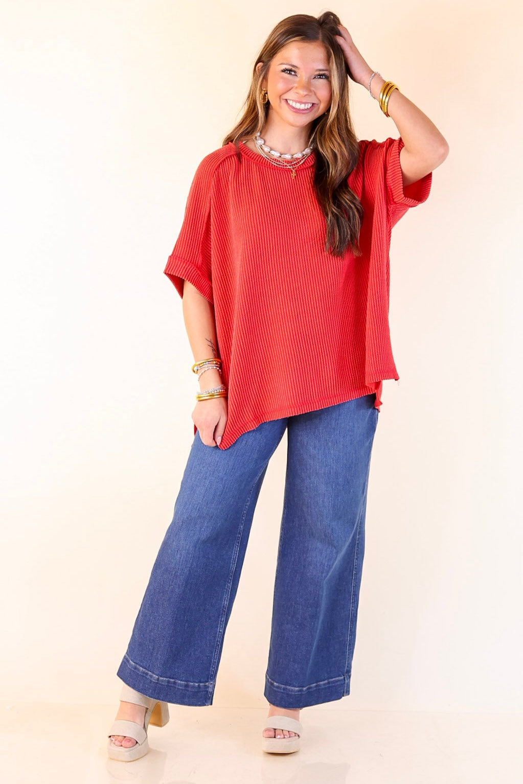 Daily Perfection Scoop Neck Short Sleeve Ribbed Top in Red