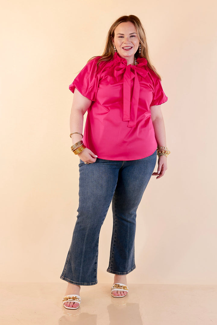 Make It Memorable Short Puff Sleeve Tie Neck Blouse with Gathered Neckline in Fuchsia Pink