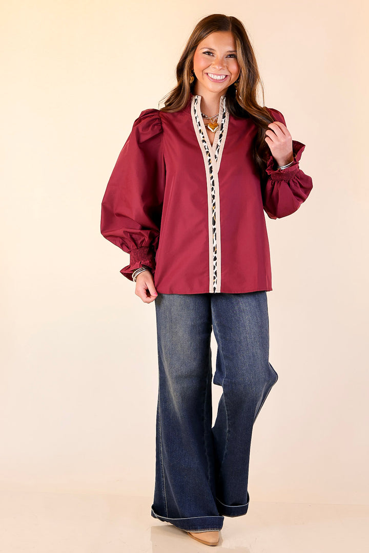Trimmed in Style Puff Long Sleeve Blouse with Contrast Leopard Trim and Ruffle in Maroon
