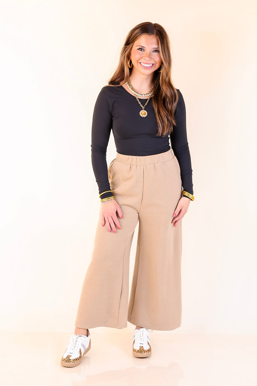 Glamour on the Go Textured Wide Leg Pant in Tan
