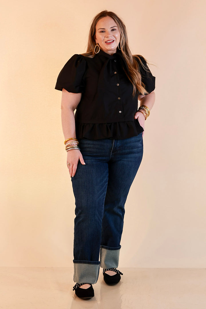 Present Company Solid Button Down Peplum Bubble Sleeve Tie Collar Top in Black