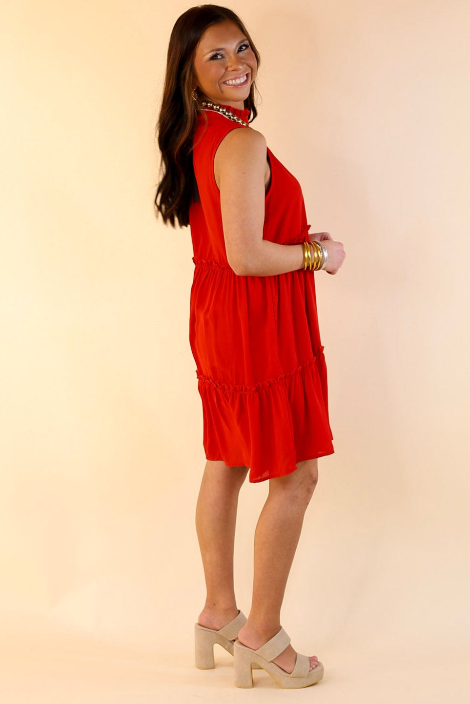 Attempt To Charm High Ruffle Neck Tank Tunic Dress in Red
