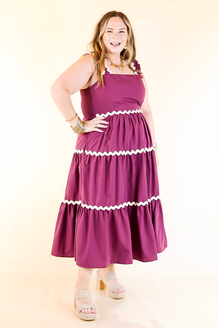 Timeless Twirl Midi Dress with Rickrack Detailing in Plum Maroon