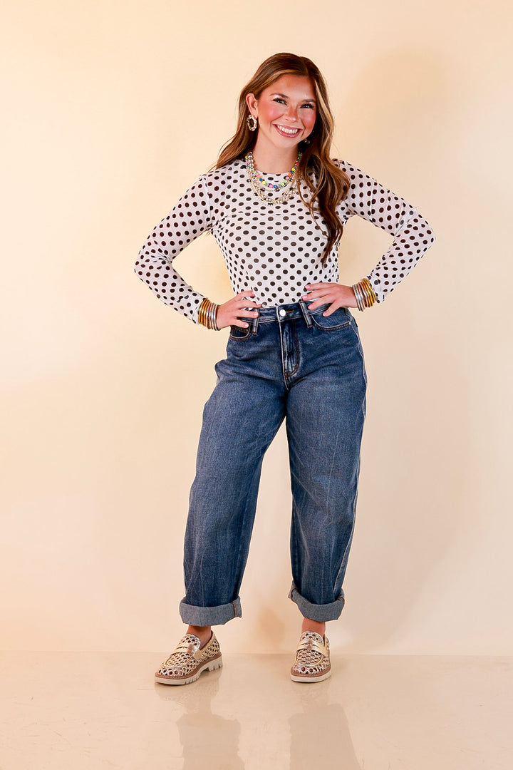 The Essential Layer Black Polka Dot Print Sheer Mesh Long Sleeve Top in White