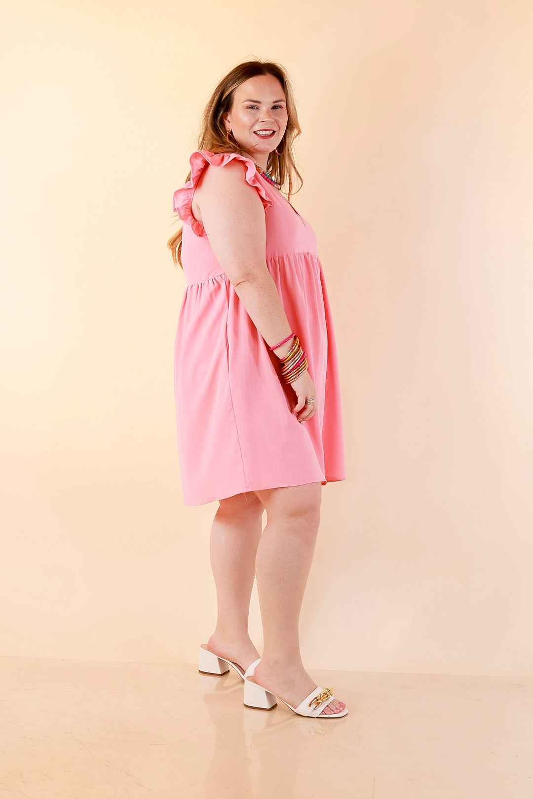 Capture Your Attention V Neck Dress with Ruffle Cap Sleeves in Bubblegum Pink