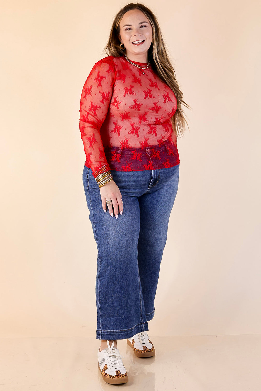 Daringly Delicate Sheer Mock Neck Long Sleeve Lace Top in Red