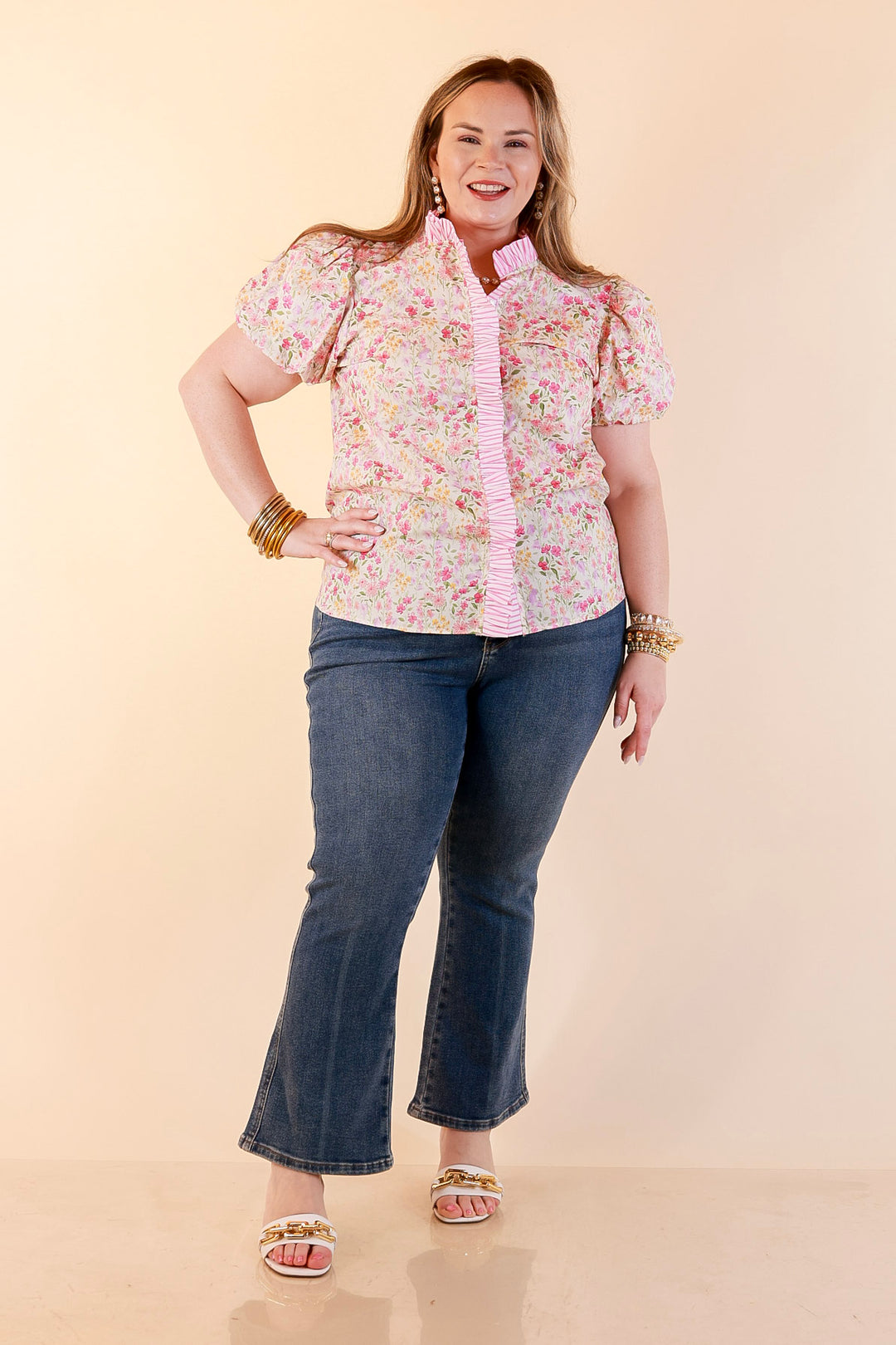 Bloom with Grace Short Puff Sleeve Ruffle Trim Button Front Floral Peplum Top in Pink