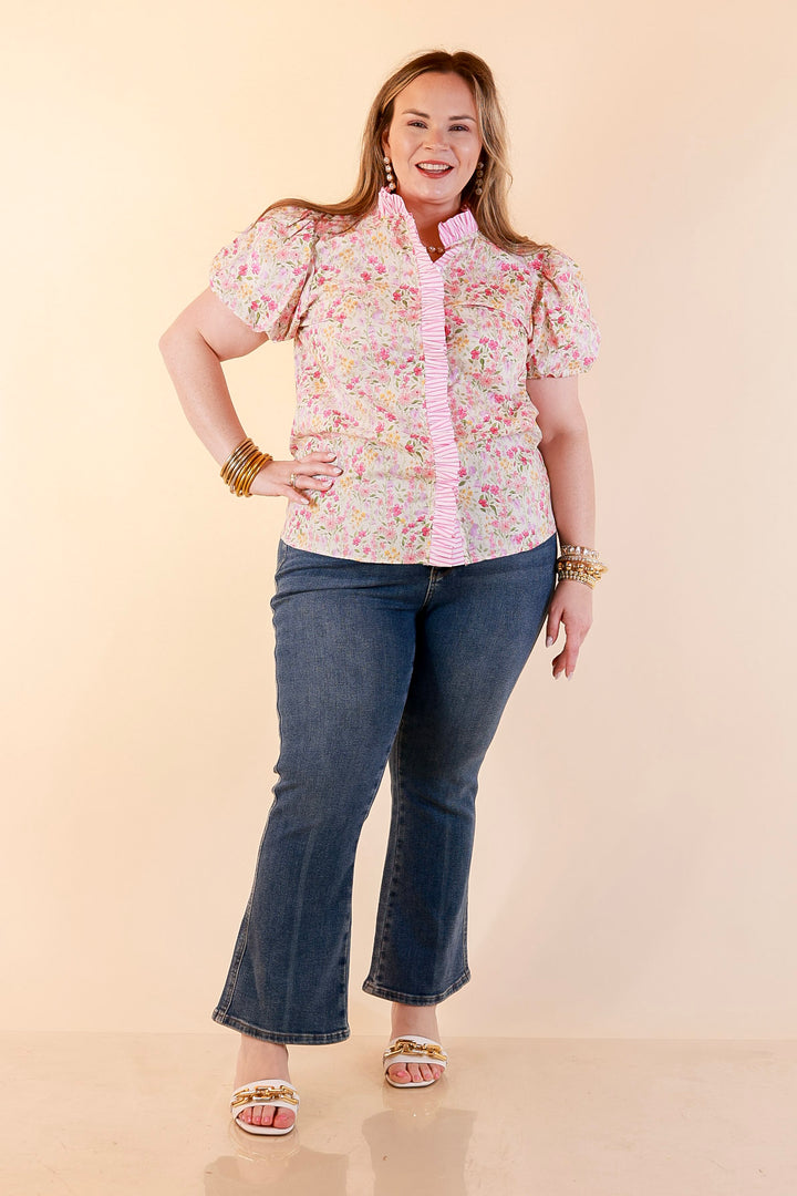 Bloom with Grace Short Puff Sleeve Ruffle Trim Button Front Floral Peplum Top in Pink