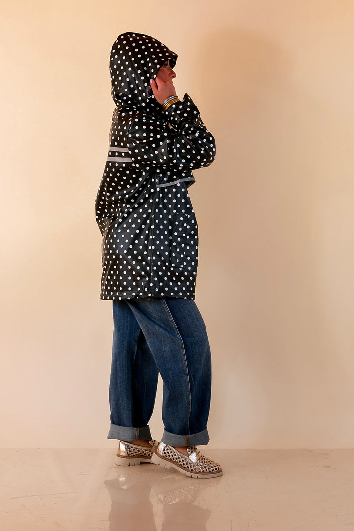 Lulu Mac | Chic Forecast Ivory Polka Dot Hooded Rain Jacket in Black
