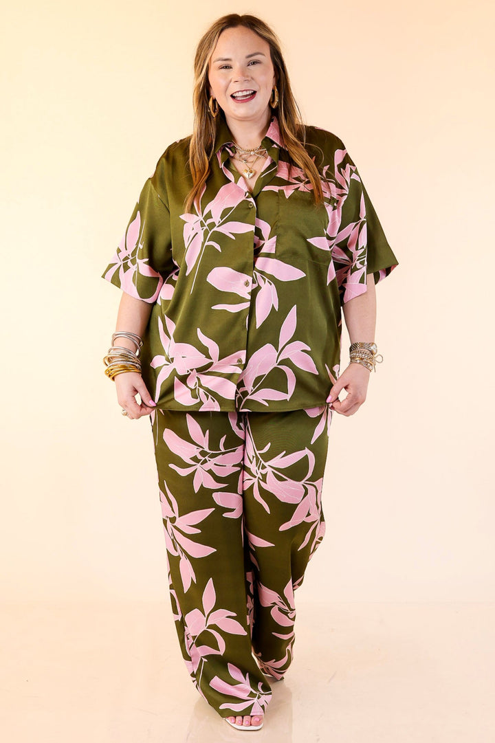 Calm and Collected Button Up Top with Pink Leaves in Olive Green