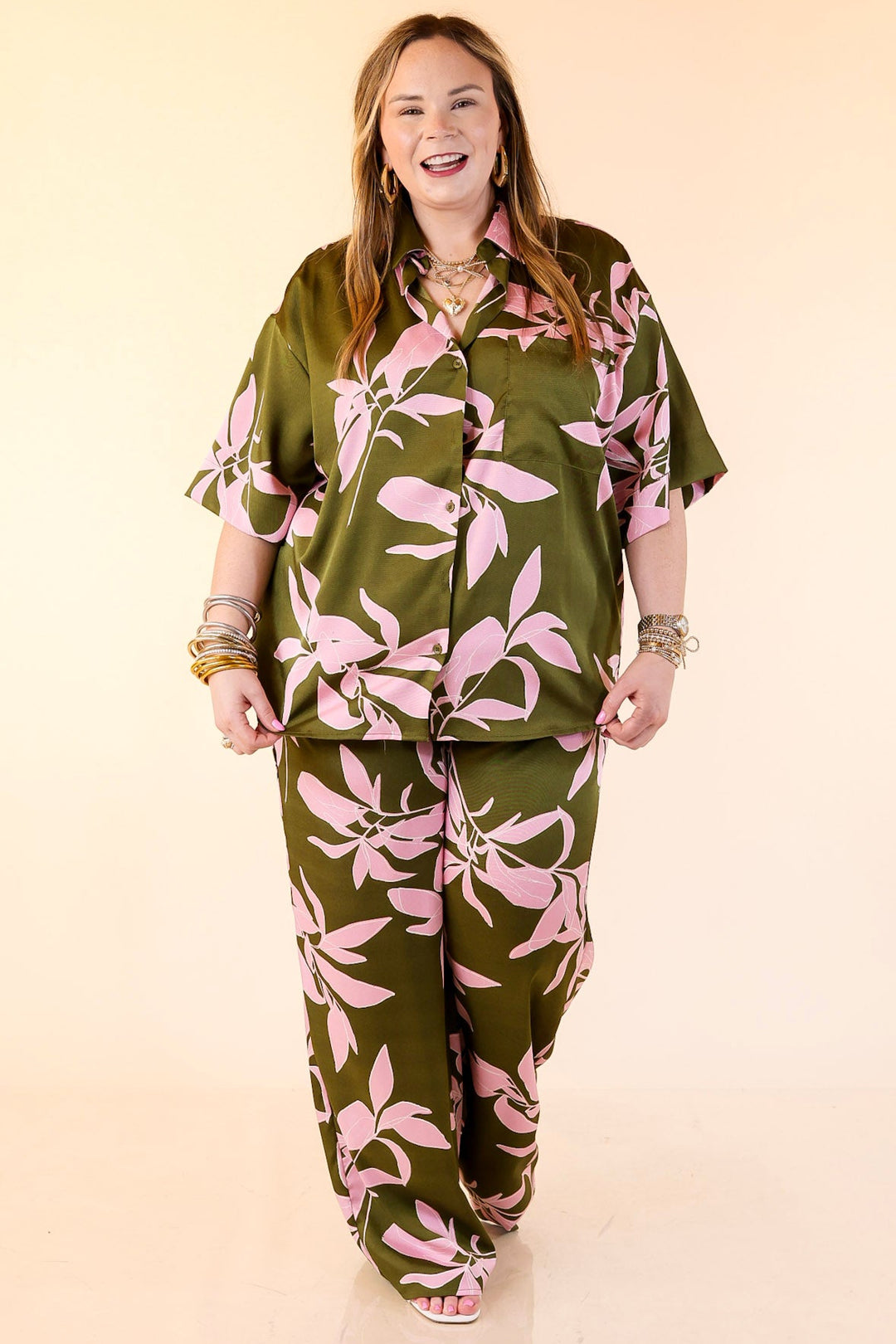 Calm and Collected Drawstring Bottoms with Pink Leaves in Olive Green