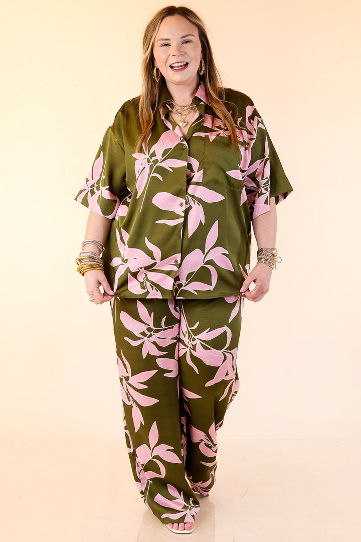 Calm and Collected Drawstring Bottoms with Pink Leaves in Olive Green