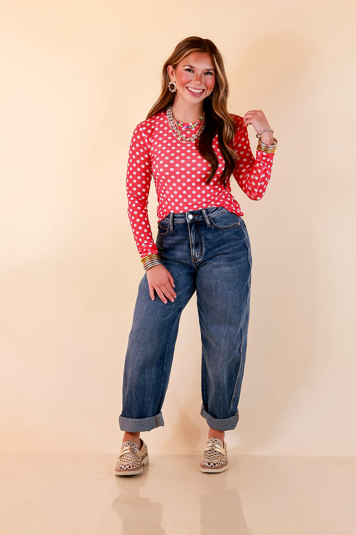 The Essential Layer White Polka Dot Print Sheer Mesh Long Sleeve Top in Hot Pink