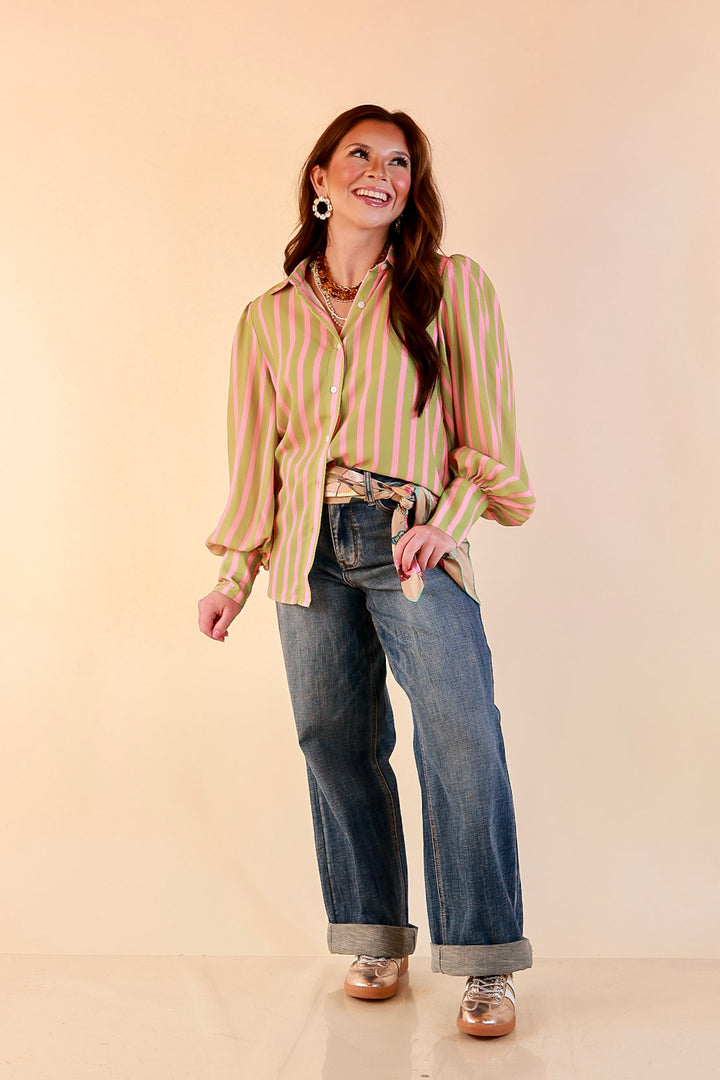 Better Together Stripe Button Up Collared Top with Poofy Sleeves in Olive Green and Pink