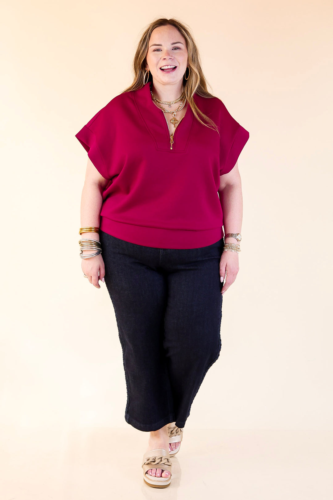 Top Priority Half Zip Collared Scuba Top in Maroon