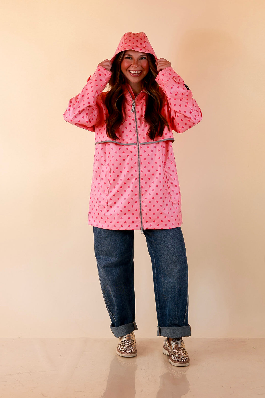 Lulu Mac | Chic Forecast Polka Dot Hooded Rain Jacket in Pink