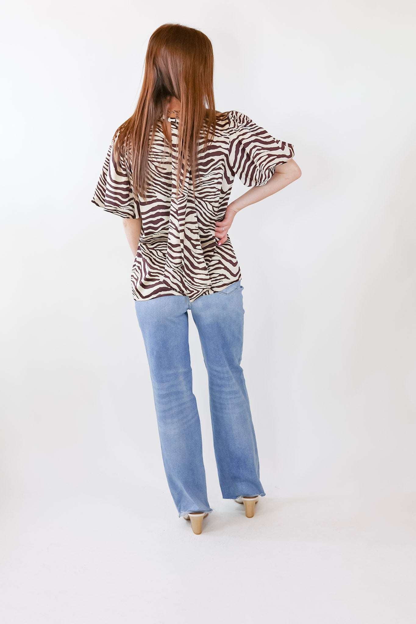 Rival Flair Zebra Print Top with Mock Neck in Chocolate Brown and Cream - Giddy Up Glamour Boutique