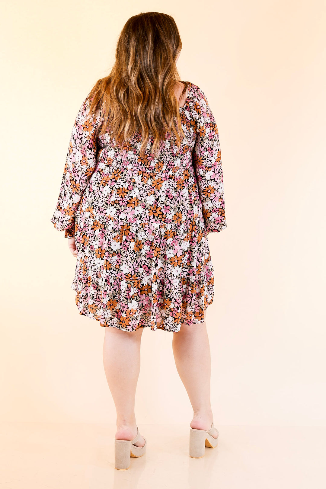 Day Cafe Smocked Bodice Floral Long Sleeve Dress in Light Pink and Rust