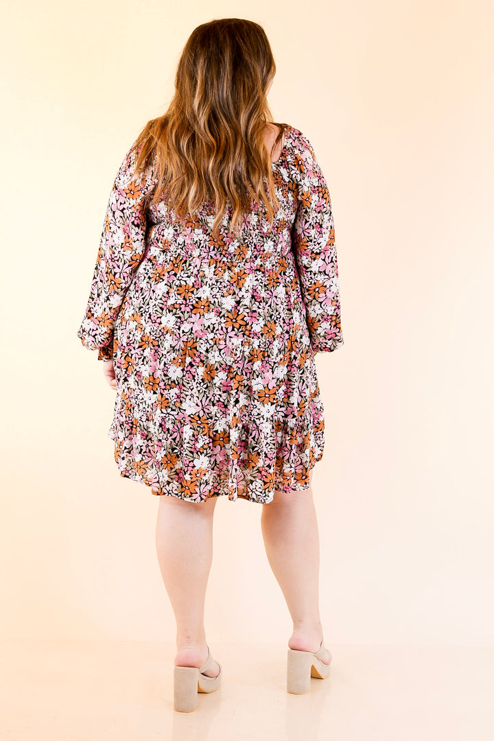 Day Cafe Smocked Bodice Floral Long Sleeve Dress in Light Pink and Rust