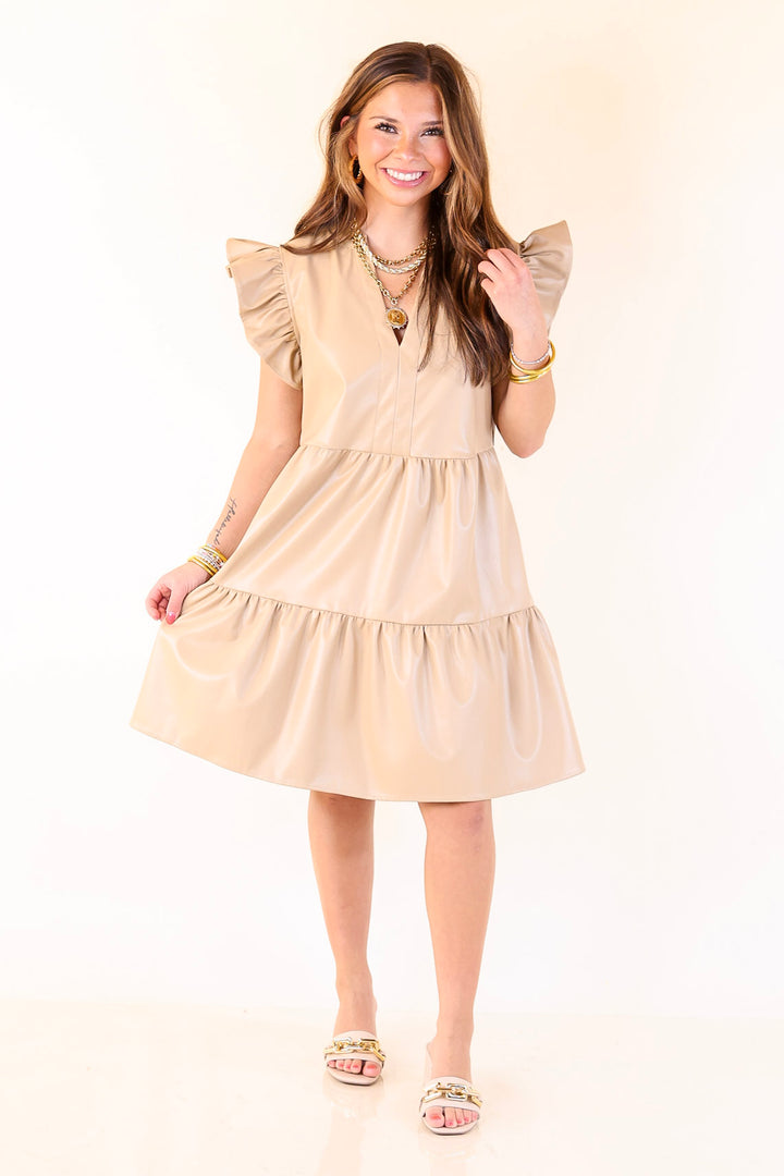 Magnolia Morning Ruffle Cap Sleeve Faux Leather Short Dress in Cream