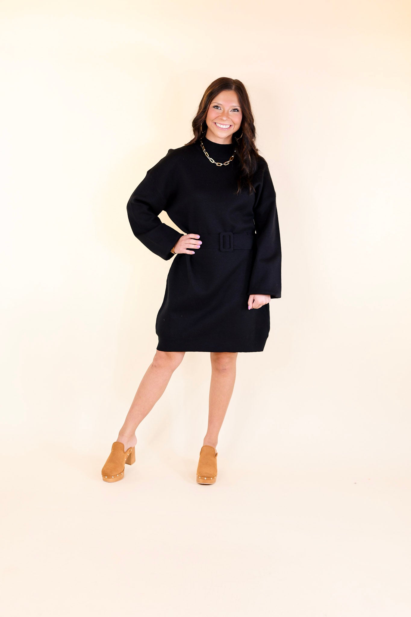 Luxurious Life Sweater Dress with Belt in Black