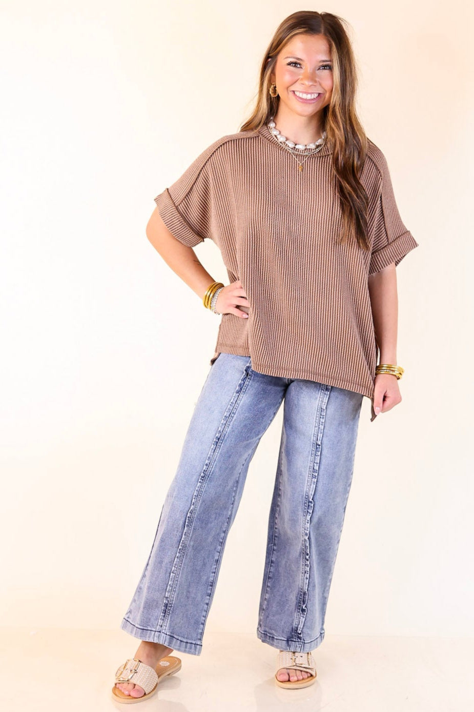 Daily Perfection Scoop Neck Short Sleeve Ribbed Top in Brown