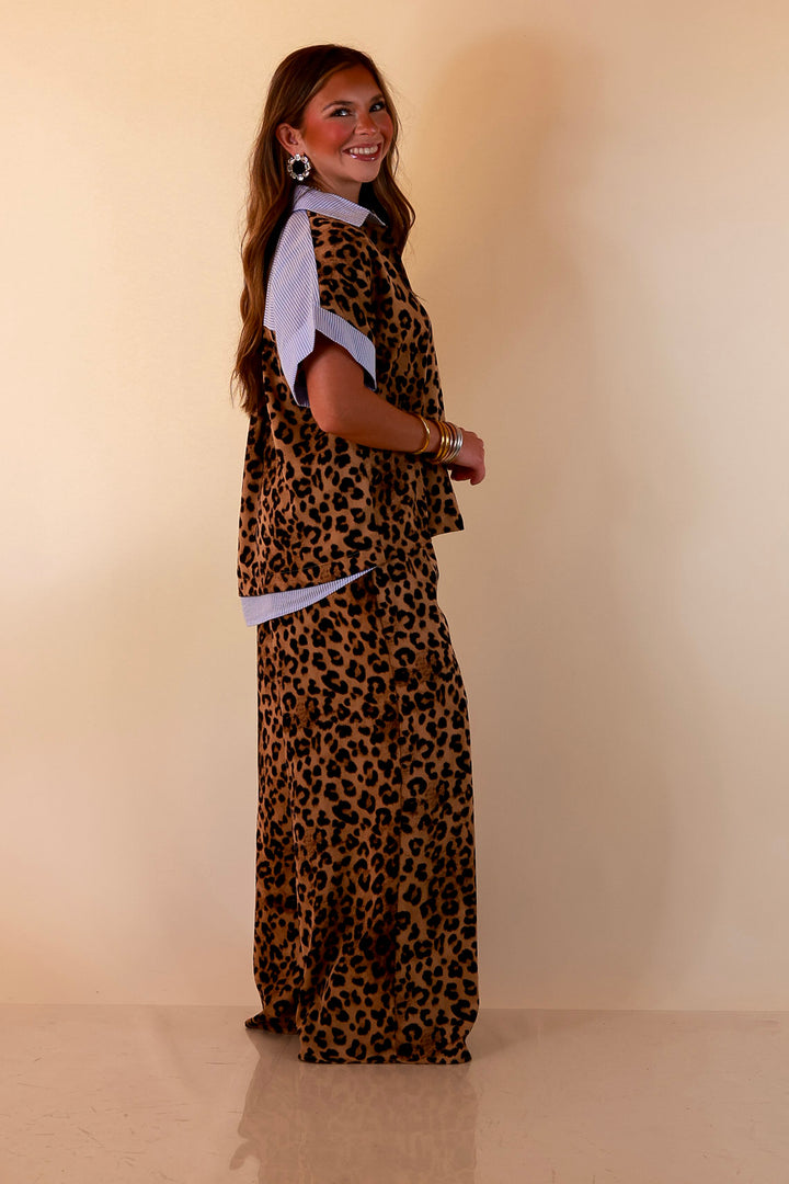 Relaxed Refinement Blue Stripe Detail Button Front Collared Top with Matching Wide Leg Pants Set in Leopard Print
