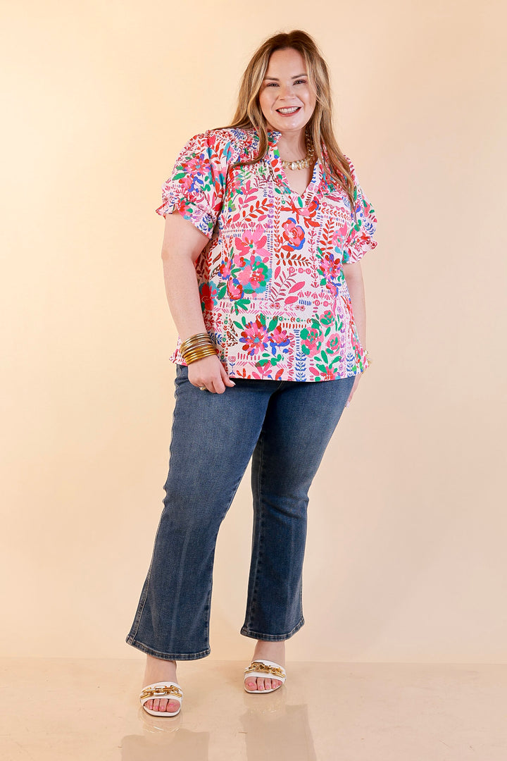 Blooming Grace Floral Print Top with Split Neckline and Puff Sleeves in Blush Mix