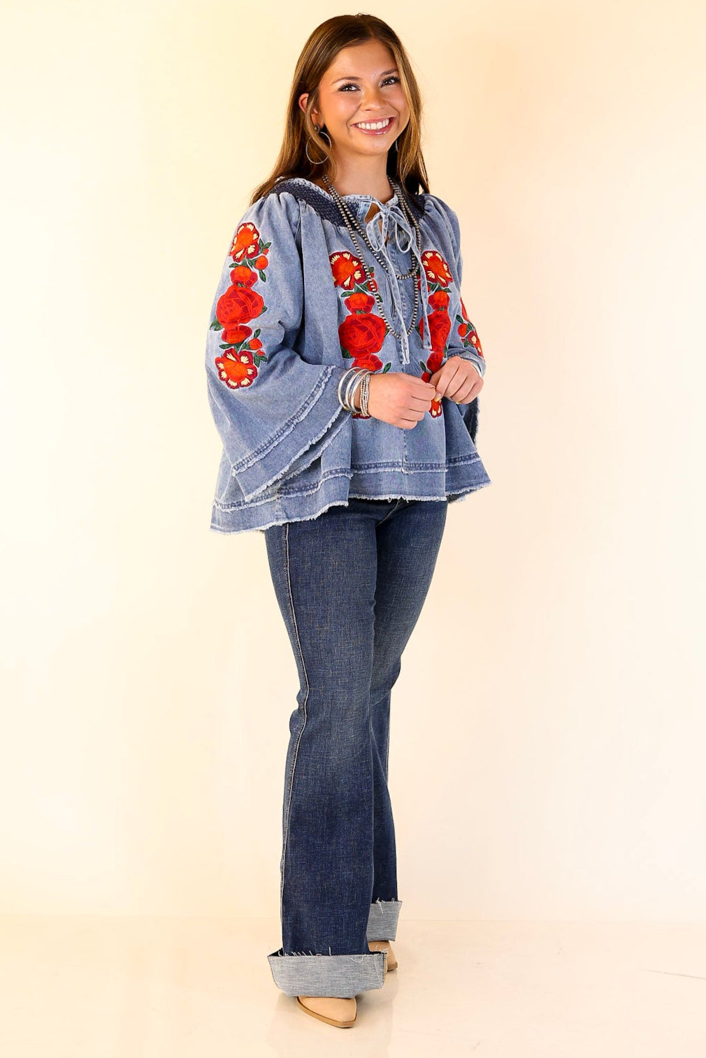 Rodeo Quincy | Tia Carmen Flowy Denim Blouse with Red Rose Embroidery