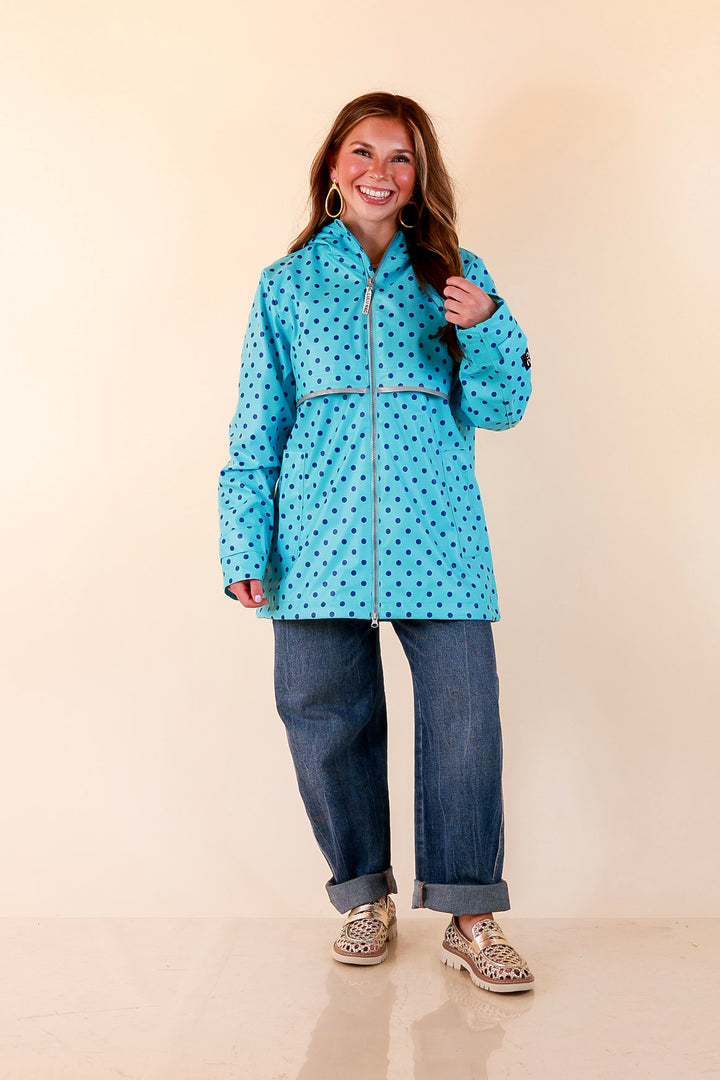 Lulu Mac | Chic Forecast Navy Blue Polka Dot Hooded Rain Jacket in Turquoise Blue