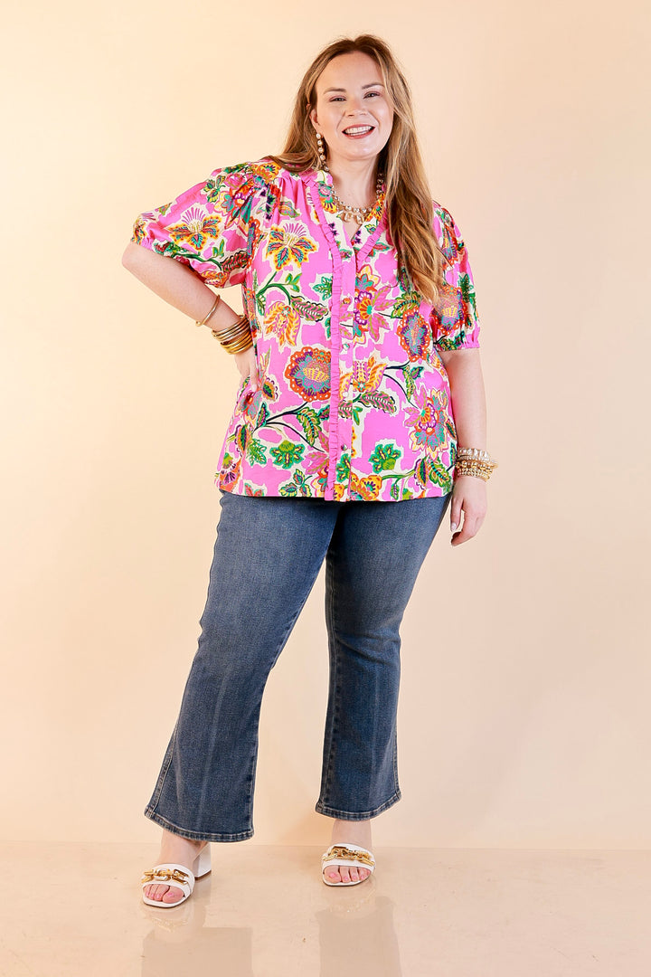 Petal Pop Floral Print Ruffle Front Button Up Top with Puff Sleeves in Pink