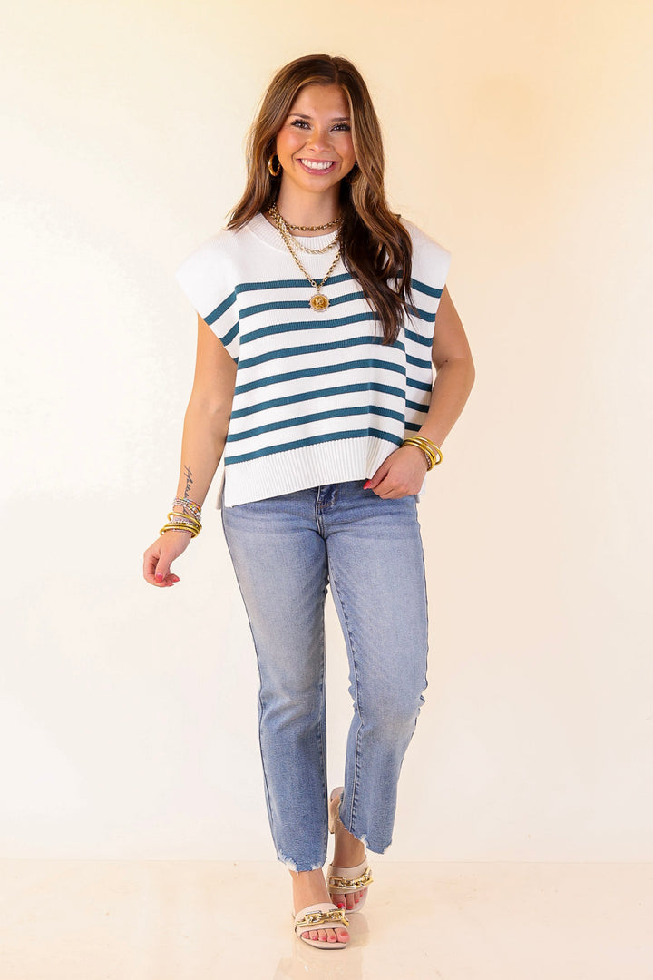 Stripe Things Up Drop Shoulder Knit Sweater in White with Teal Blue Stripes