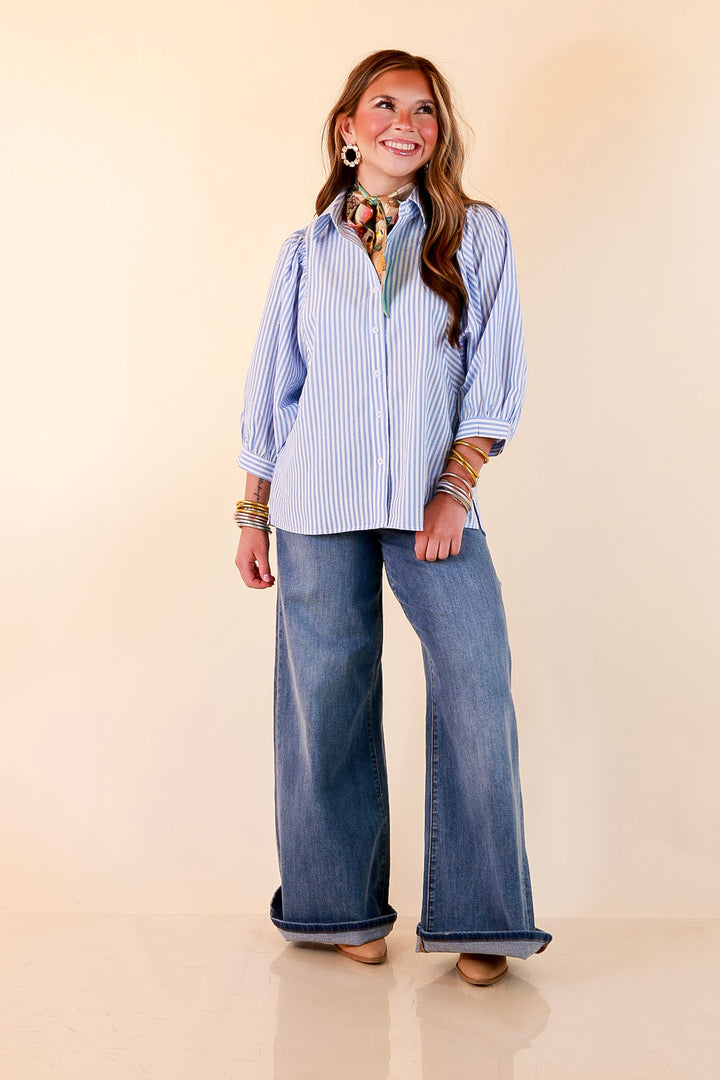 Crisp and Collected Stripe Button Front Collared Top with Puff Short Sleeves in Blue and White