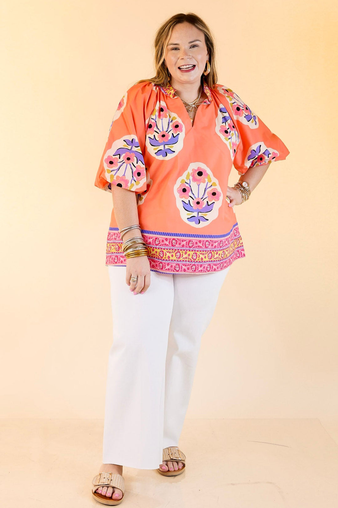 Twirling Tulips Floral Print A-line Top in Coral And Purple