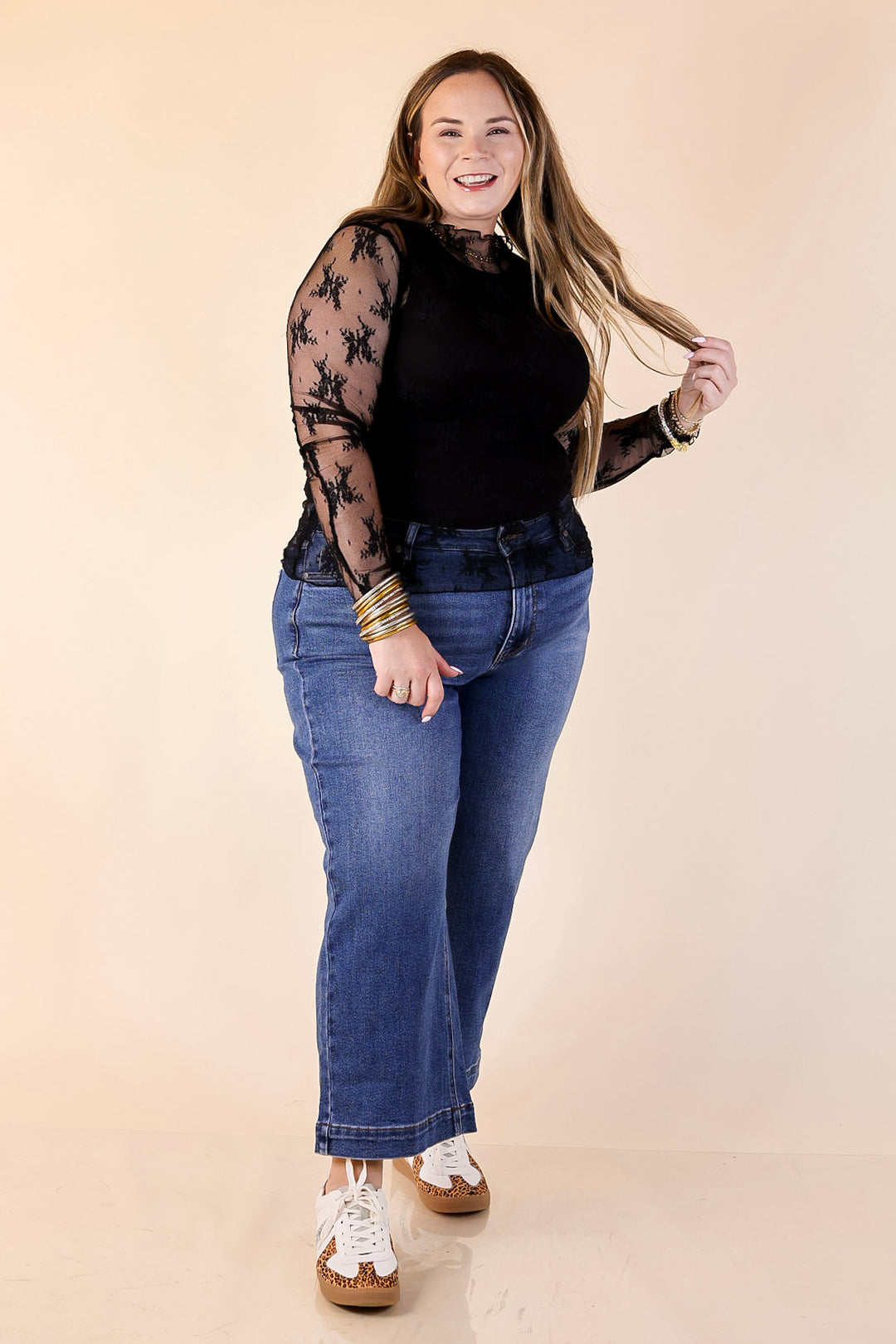 Daringly Delicate Sheer Mock Neck Long Sleeve Lace Top in Black