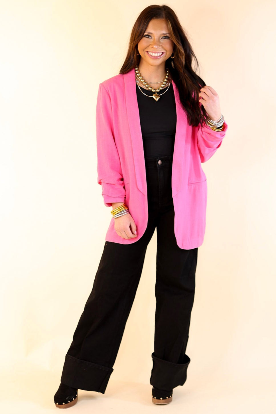 Promise Me Open Front Linen Blazer in Hot Pink