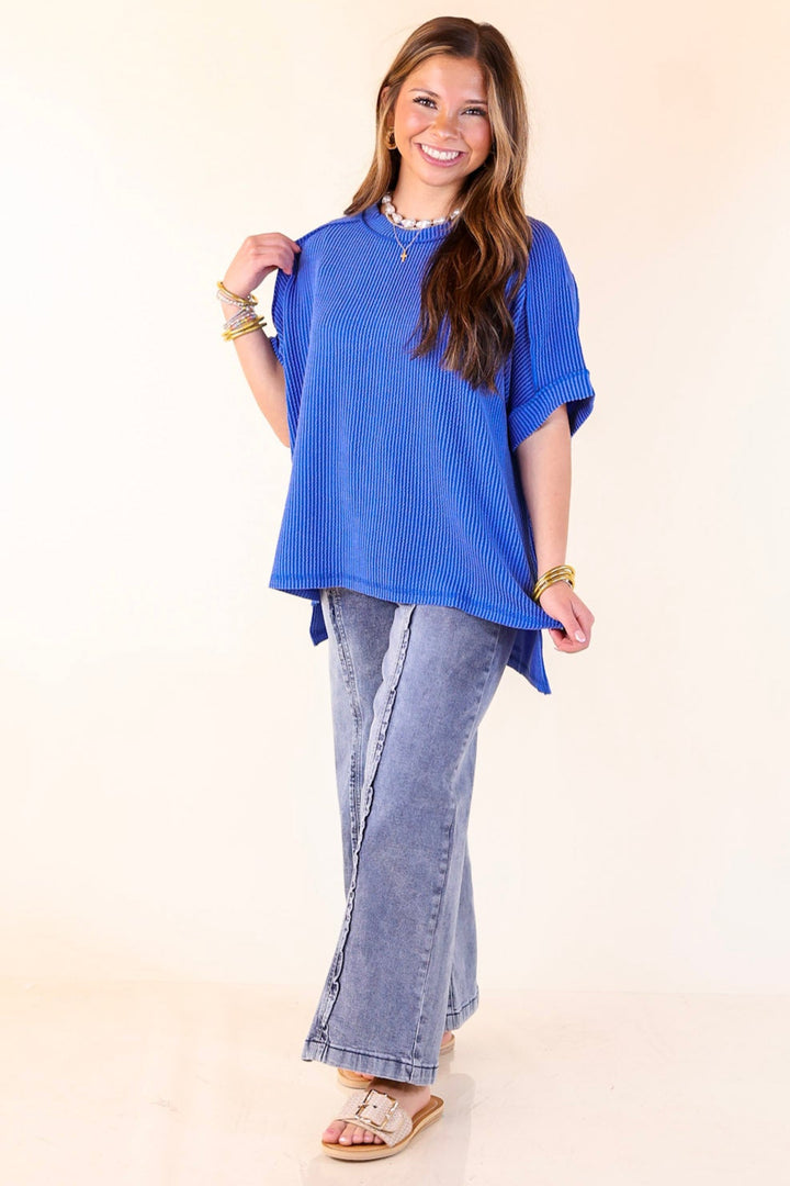 Daily Perfection Scoop Neck Short Sleeve Ribbed Top in Royal Blue