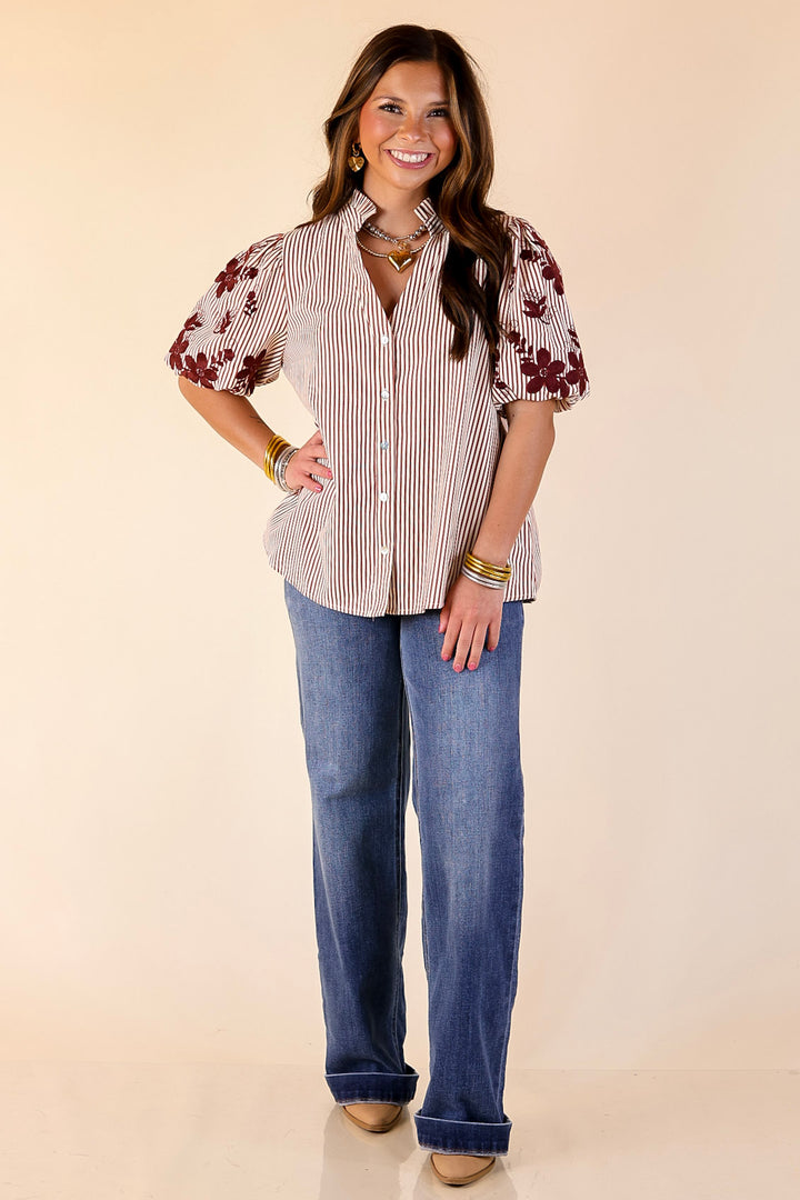 Sweet Intentions Button Down Striped Top with Puff Embroidered Sleeves in Maroon
