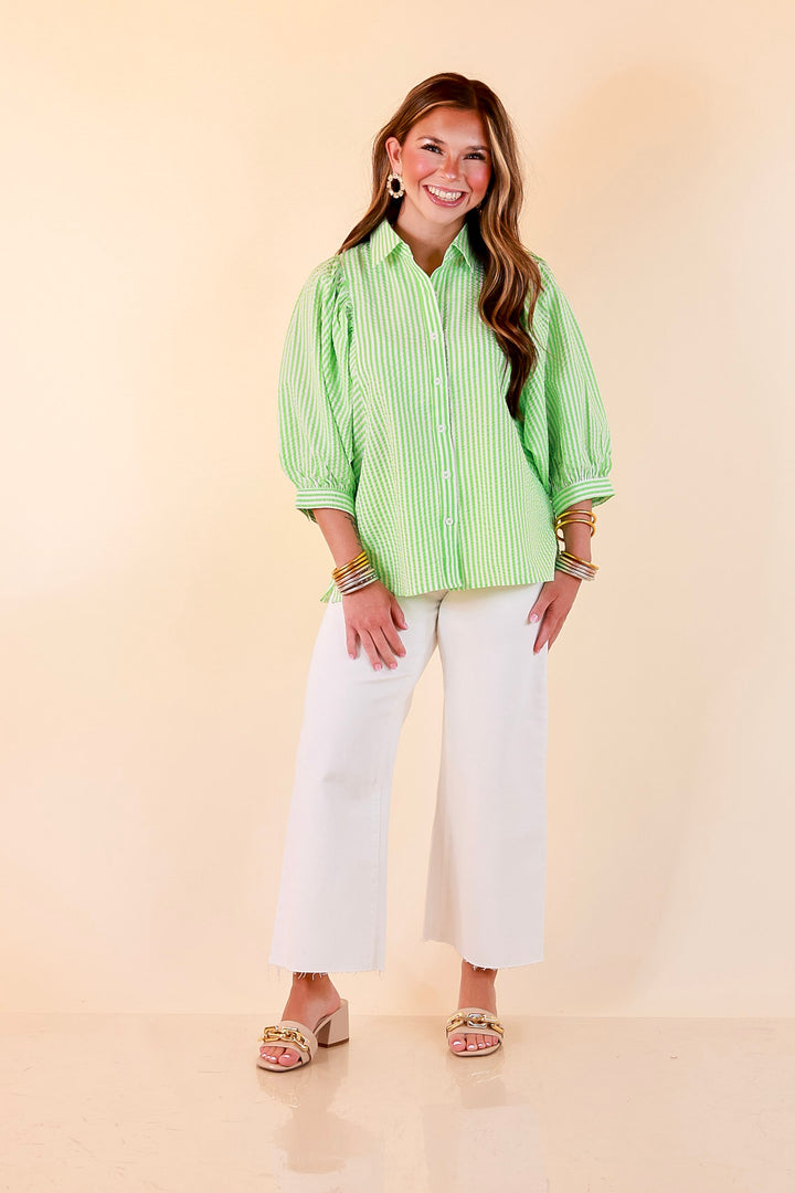 Crisp and Collected Stripe Button Front Collared Top with Puff Short Sleeves in Lime Green and White