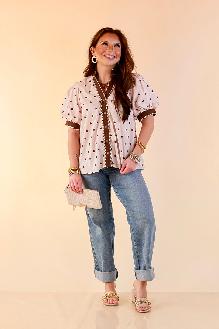 Pop of Polish Short Puff Sleeve Button Front Polka Dot Print Top with Contrast Trim in Ivory and Chocolate Brown