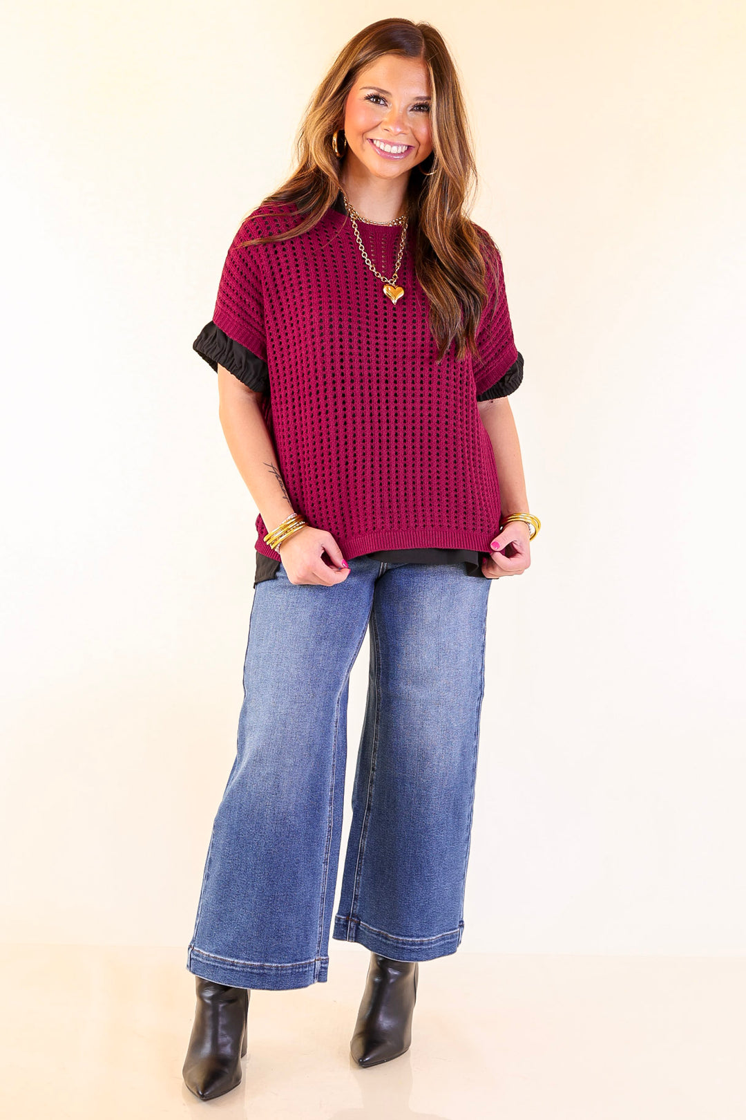 Breezy Intentions Open Knit Short Sleeve Sweater in Maroon