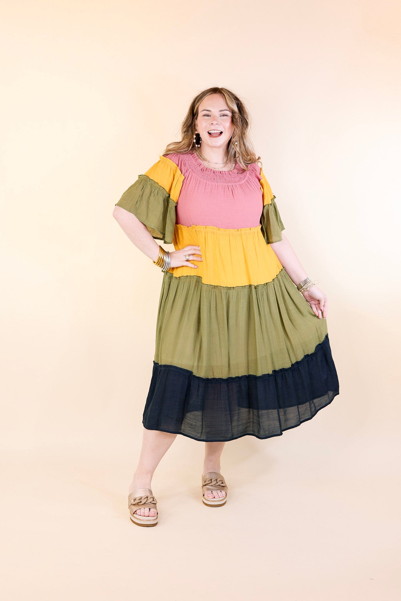 In the Villa Color Block Off the Shoulder Midi Dress in Mustard, Olive, Mauve, and Navy