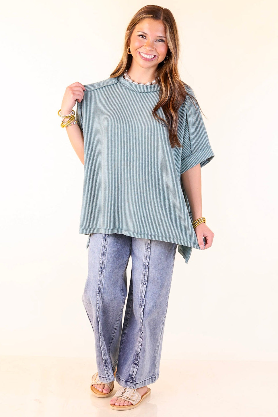 Daily Perfection Scoop Neck Short Sleeve Ribbed Top in Jade Green