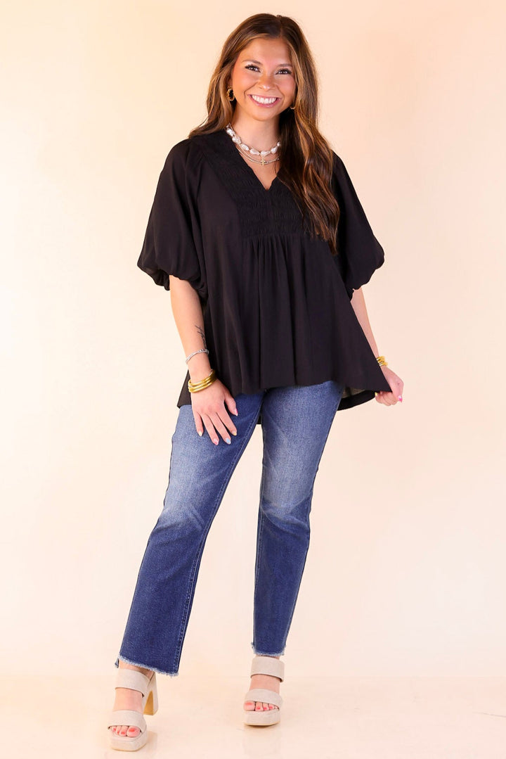 Crush on Classic Flowy Blouse with Smocked Yoke in Black